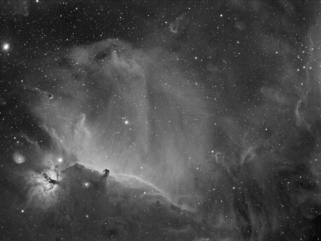 Région d'Alnitak (Sigma Orionis) : nébuleuse de la flamme (NGC2024), tête de cheval (Barnard33) et  IC434